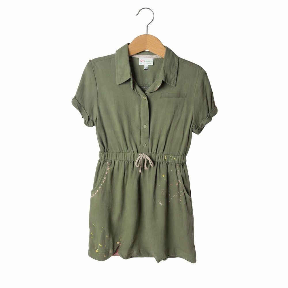 Cat & Jack Girls Olive Green Utility Dress Paint Splatter Boho Casual Size 6